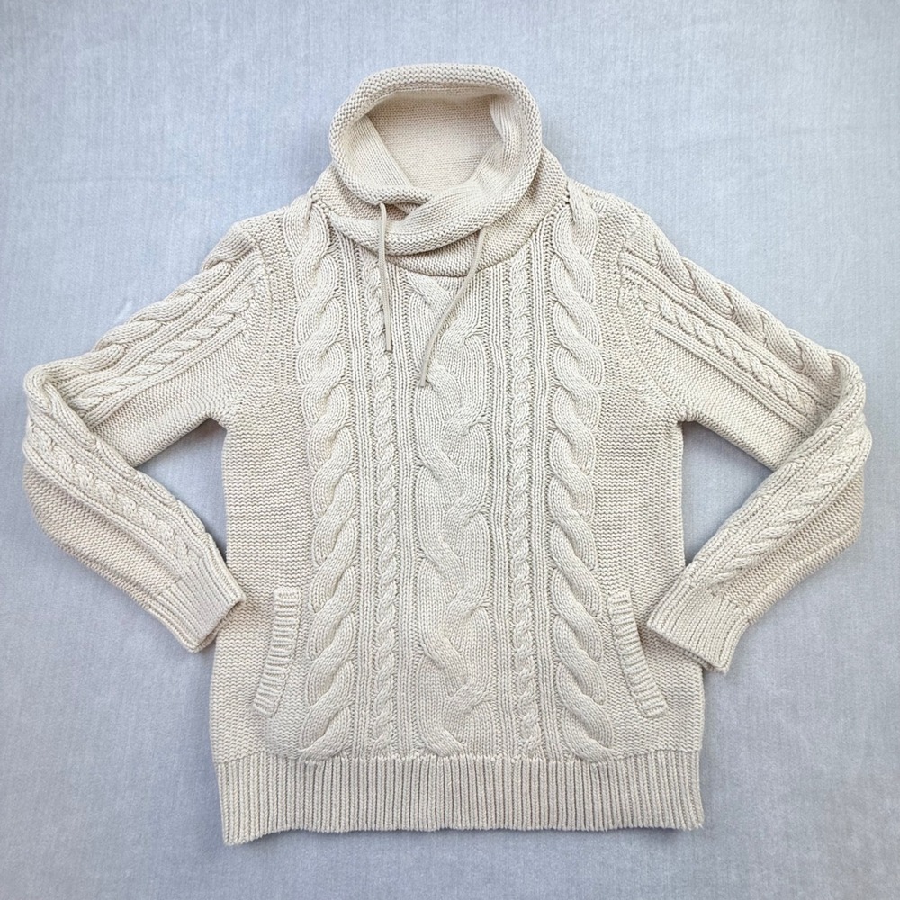 L.L. Bean Womens Cream‎ Cable Knit Cowl Neck Cotton Sweater M 513958